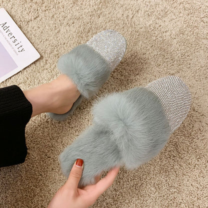 Big Size Slippers Female Ladies Designer Shoes Women Luxury 2023 Rhinestone Fur Crystal Slides Mules Slippers Furry Lady Shoes