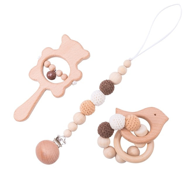 1set Baby Toys Wooden Rattle Bear Shape Hand Teething Baby Teether Musical Pacifier Chain Montessori Educational Stroller Toys