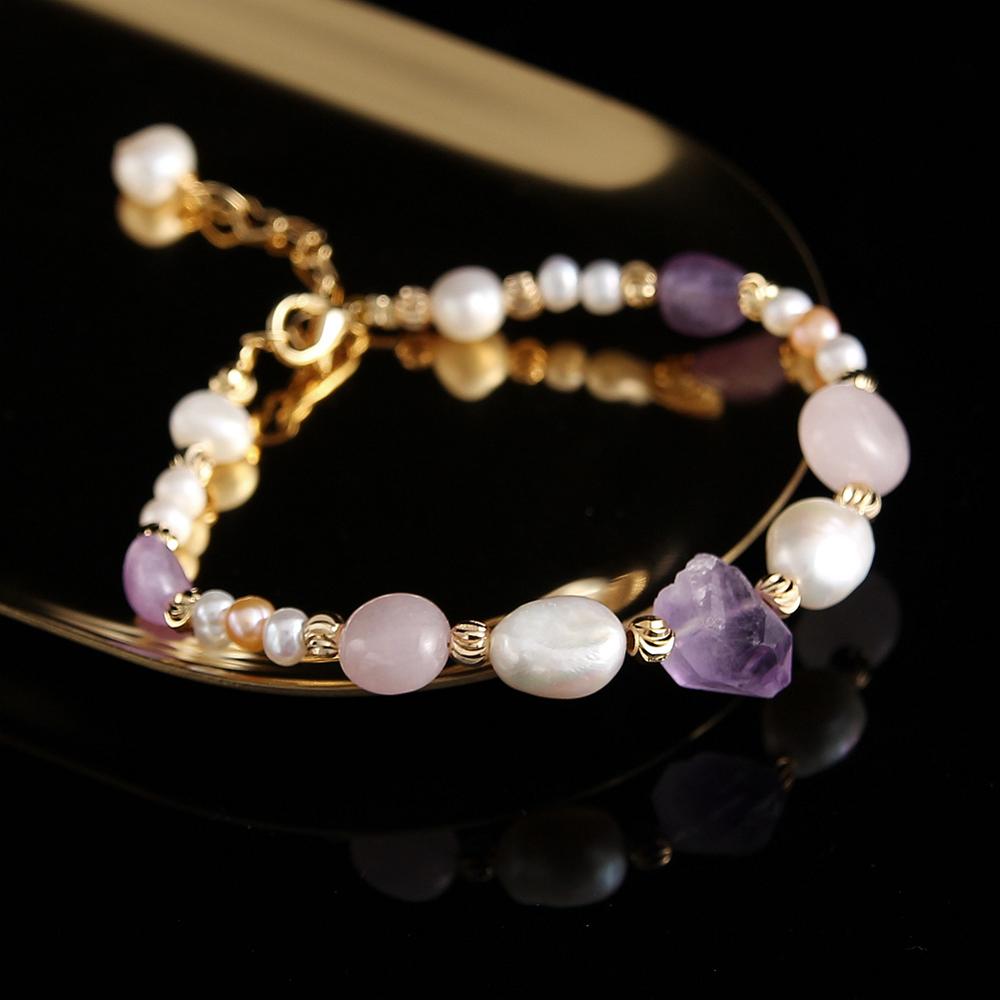 Coeufuedy Freshwater Pearl Bracelet for Women Natural Amethyst Bracelet Party White Pearl Stone Beads Bracelets Fine Jewelry