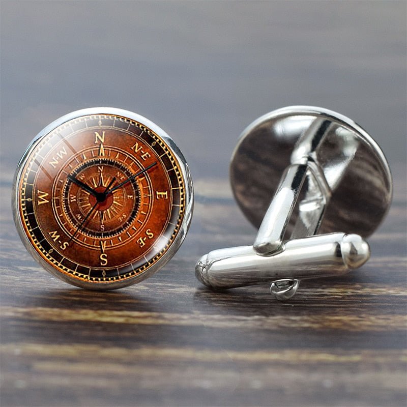 Compass Cuff Links Vintage Compass Clock Sailboat Pattern Alloy Cuff Links for Men Gift Glass Cabochon (It's Not A Real Compass)