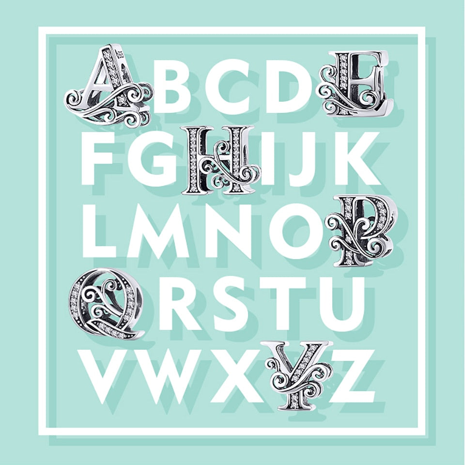 BAMOER 925 Sterling Silver Letter Vintage A to Z 26 Letter Charms Openwork CZ Alphabet Beads Fit Charm Bracelet BSC030