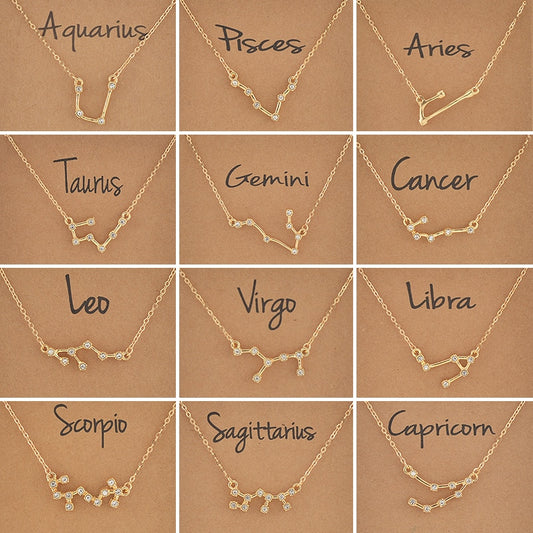 Cardboard Star Zodiac Sign 12 Constellation Necklaces Crystal Charm Chain Choker Necklace for Women Birthday Jewelry Gift