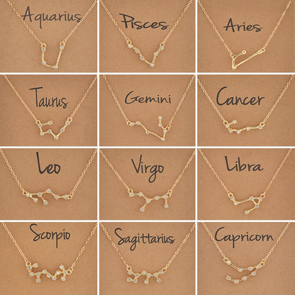 Cardboard Star Zodiac Sign 12 Constellation Necklaces Crystal Charm Chain Choker Necklace for Women Birthday Jewelry Gift