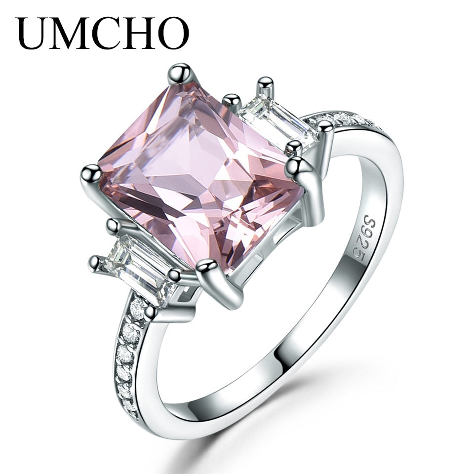 UMCHO Solid Sterling Silver Cushion Morganite Gemstone Rings For Women Engagement Anniversary Band Valentine&#39;s Gift Ring Set