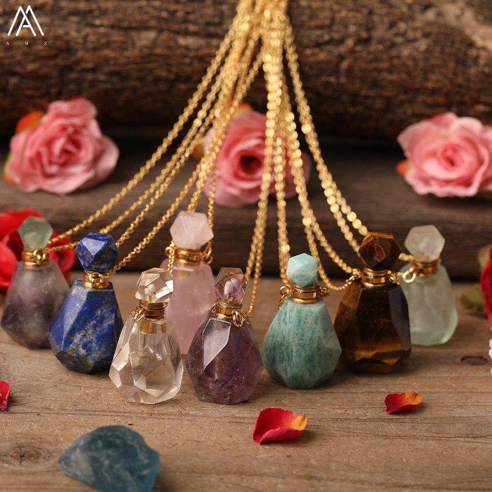 Natural Purple Agates Smoky Color Quartz Rainbow Fluorite Stone Gold Perfume Bottle Pendant For Necklace Making Women Jewelry
