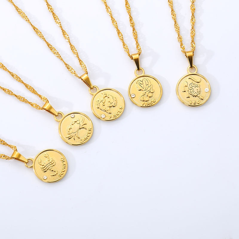 zodiac necklaces for women coin necklace Aries Leo Collier signe astrologique 12 Horoscope Zodiac Astrology Necklace Women