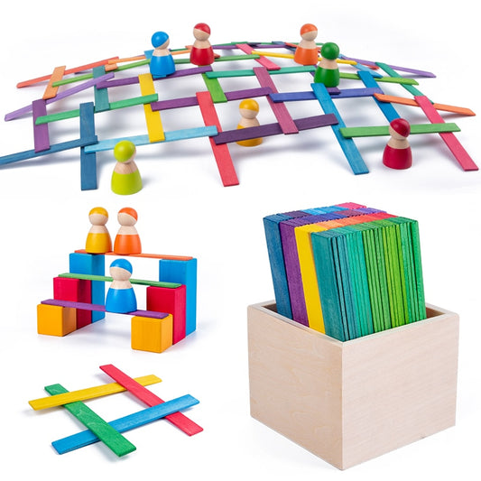 100pcs Kids Wooden Toy Davinci Arch Bridge Rainbow Building Blocks / Montessori woodne toy Stacking Strips Creative Toys