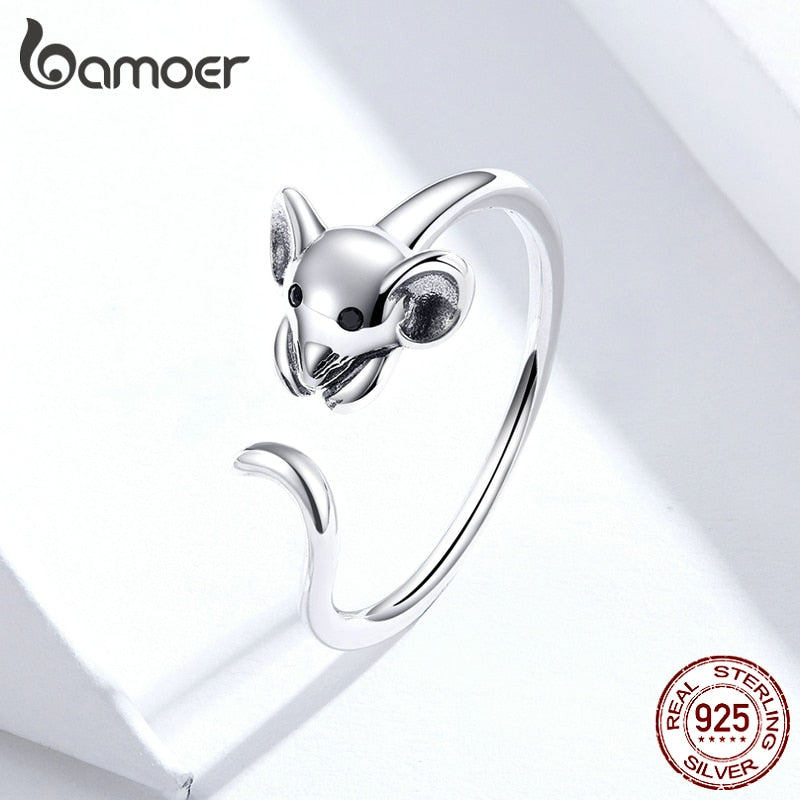 bamoer Authentic 925 Sterling Silver Mouse Animal Adjustable Finger Ring for Women 2020 Zodiac Fashion Jewelry Bijoux SCR632