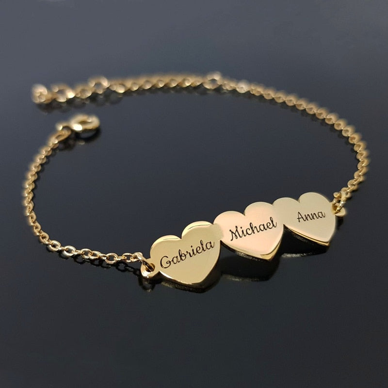 Personalized Family Members Name Bracelet Anniversary Jewelry Stainless Steel Cute Heart Engraving Nameplate Charm Bracelet