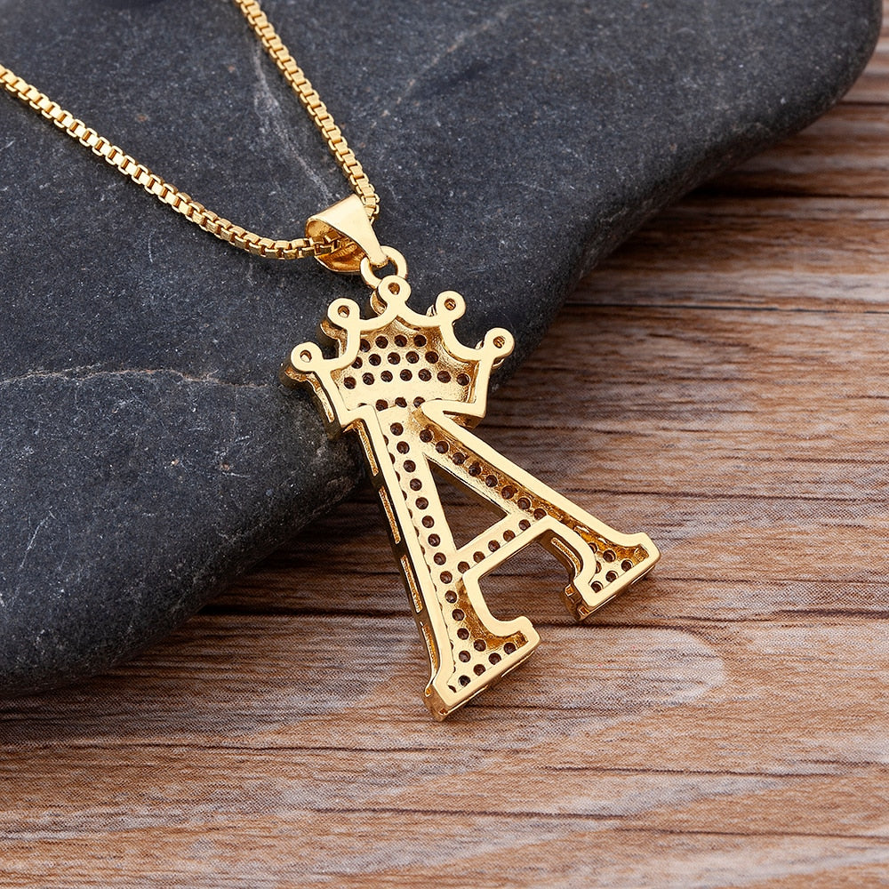 Nidin New Luxury Copper Zircon A-Z Crown Alphabet Pendant Chain Necklace Hip-Hop Style Fashion Woman Man Initial Name Jewelry