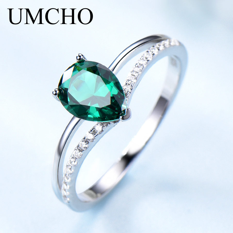 UMCHO Green Emerald Gemstone Rings for Women 925 Sterling Silver Jewelry Romantic Classic Water Drop Ring Valentine's Day Gift