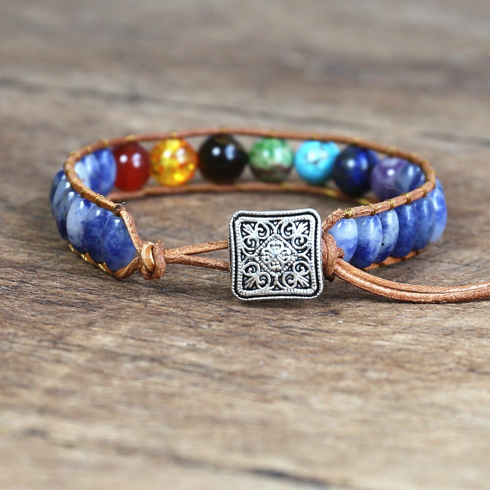 7 Chakra Stone Leather Bracelet for Women Men Handmade Jewelry Blue Dot Beaded String Wrap Charm Bracelet Dropship