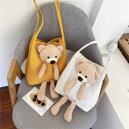 Cute Bear Women Canvas Handbags All-match Ladies Shoulder Bag Female Eco Reusable Shopping Bags Large Capacity Girls Casual Tote