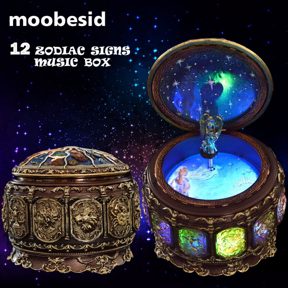 Retro Zodiac 12 Signs Music Box Manual Arts 12 Constellation Musical Boxes with Led Flash Lights Valentine's Day Birthday Gift