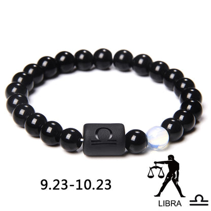 12 Constellation Zodiac Signs Beads Couples Bracelet Natural Black Onyx Stone Elastic Charm Bracelet for Women Men Birthday Gift