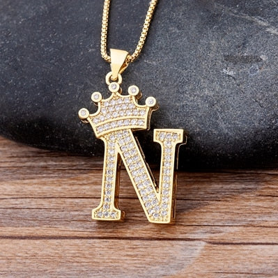 Nidin New Luxury Copper Zircon AZ Crown Alphabet Pendant Chain Necklace Hip-Hop Style Fashion Woman Man Initial Name Jewelry