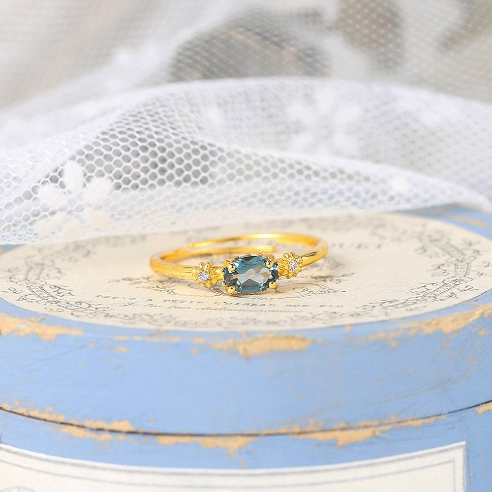 LAMOON Vingtate London Blue Topaz Ring For Women Star Natural Gemstone Rings 925 Sterling Silver 14K Gold Plated Gift LMRI066