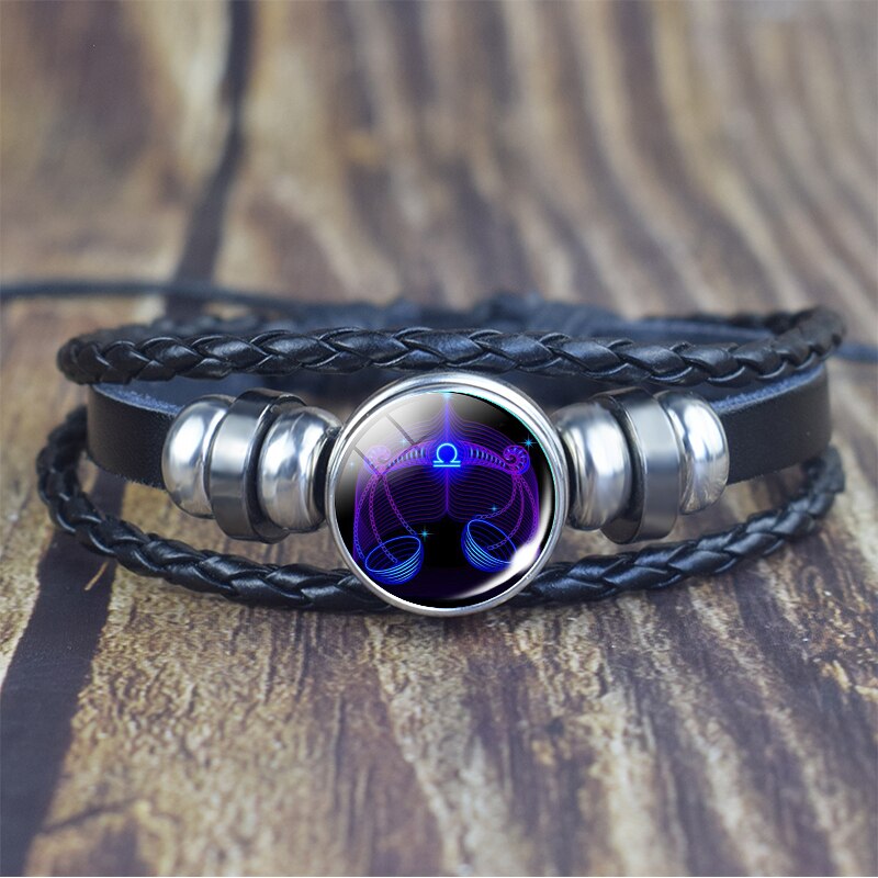 12 Zodiac Signs Glass Dome Leather Bracelet Fashion Jewelry for Couple Aries Taurus Leo Cancer Aquarius Pisces Bangle Bracelet