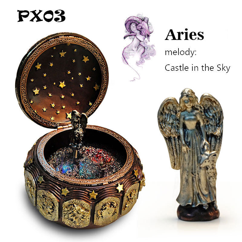 Retro Zodiac 12 Signs Music Box Manual Arts 12 Constellation Musical Boxes with Led Flash Lights Valentine's Day Birthday Gift