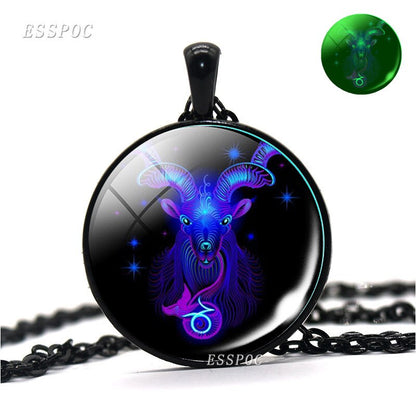 12 Constellations Necklace 12 Zodiac Signs Luminous Glass Cabochon Necklace Leo Virgo Cancer Libra Gemini Pisces Aries Necklace