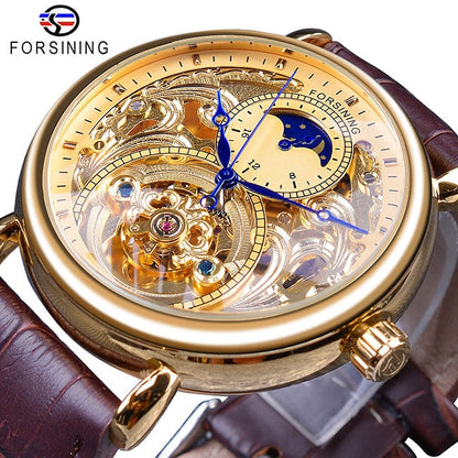 Forsining 2018 Royal Golden Skeleton Display Blue Hands Brown Genuine Leather Belt Mens Mechanical Wristwatches Clock Male