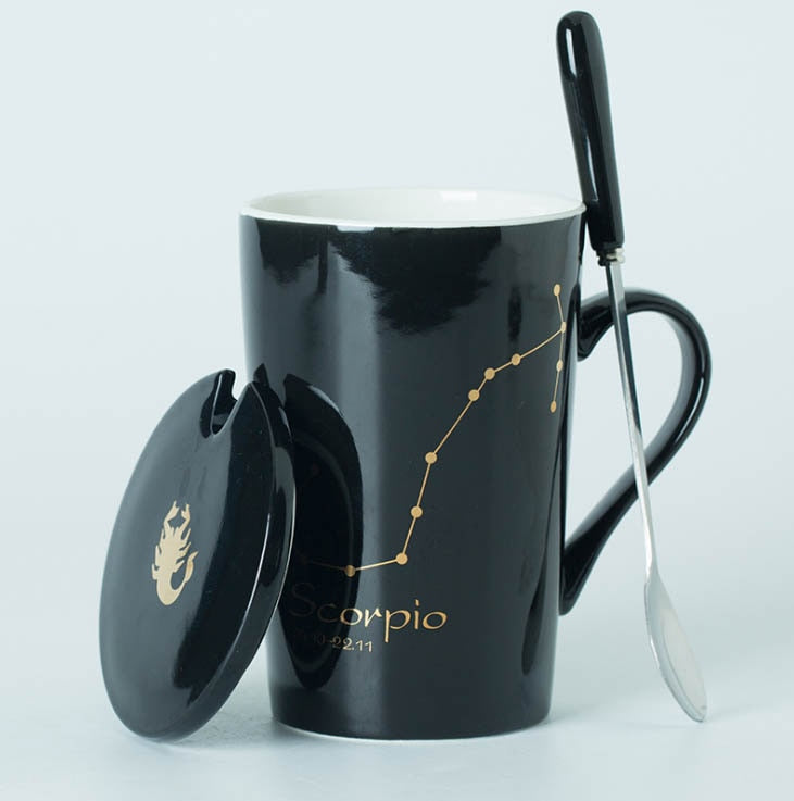 Ceramic Mugs 12 Constellations Creative Mugs with Spoon Lid Black and Gold Porcelain Zodiac Milk Coffee Cup Drinkware