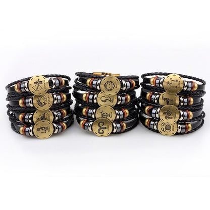 MNWT Fashionable Bronze Alloy Buckles Zodiac Signs Bracelet Men Casual Personality Lover Charm Jewelry Leather Punk Bracelets