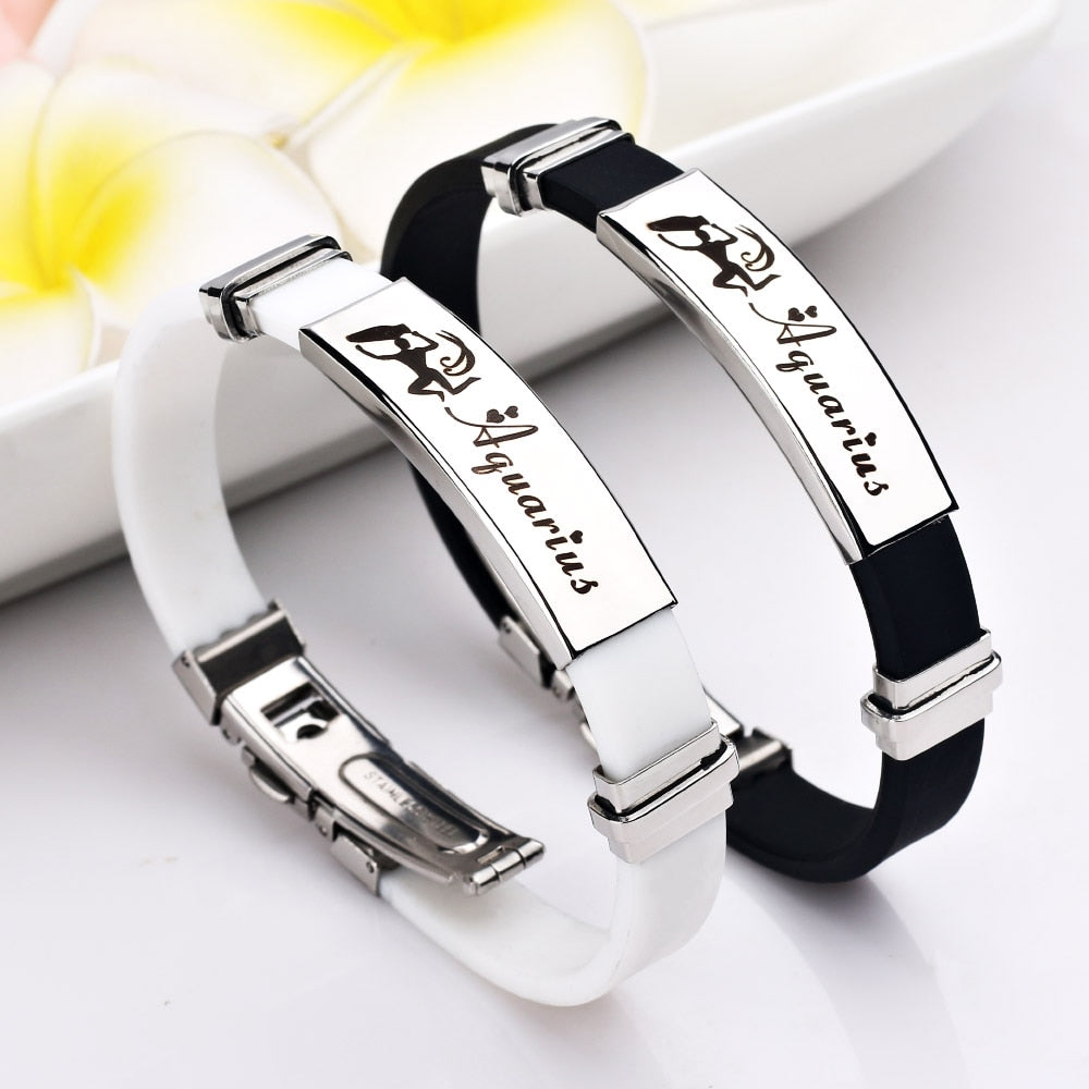 12 Constellations Signs Stainless Steel Bracelets Women Rubber Charm 12 Zodiac Casual Personality Cuff Bracelets for Women