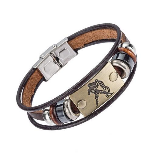 Drop Shipping Hot Fashion 12 Zodiac Signs Bracelet for Men Women Stainless Steel Clasps Genuine Leather Bracelet Men Jewelry