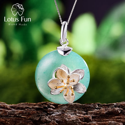 Lotus Fun Real 925 Sterling Silver Natural Aventurine Green Gemstone Fine Jewelry Lotus Whispers Pendant for Women without Chain