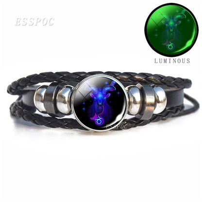 Luminous 12 Zodiac Signs Bracelet Men Women Punk Leather Bracelet Constellation Bracelet Zodiac Jewelry for Birthday Day Gift