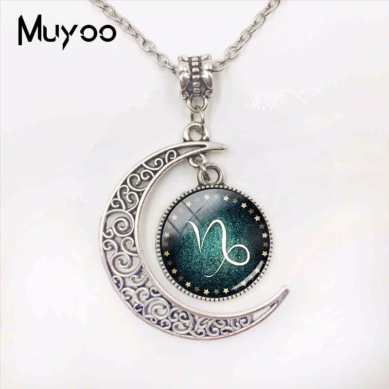 Handmade Fashion Jewelry 12 Zodiac Signs Moon Pendants Glass Dome Pisces Aquarius Zodiac Signs Jewelry Pendant Necklace