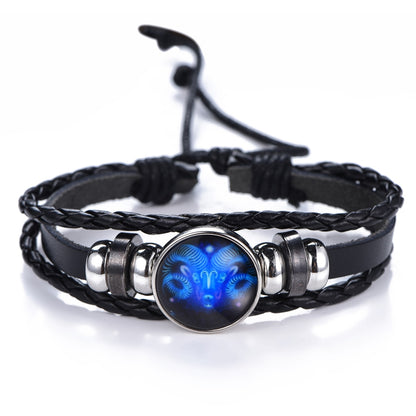 DropShipping Gemini Cancer Leo Virgo Libra Scorpio 12 Constellation Black punk Leather Bracelet Zodiac Bracelet for Men Women