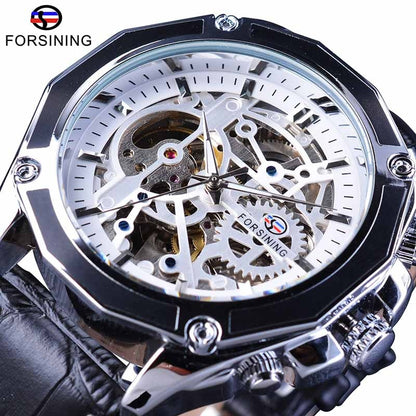 Forsining 2018 Royal Golden Skeleton Display Blue Hands Brown Genuine Leather Belt Mens Mechanical Wristwatches Clock Male