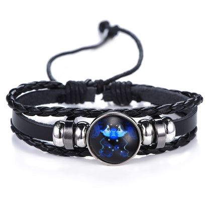 DropShipping Gemini Cancer Leo Virgo Libra Scorpio 12 Constellation Black punk Leather Bracelet Zodiac Bracelet for Men Women