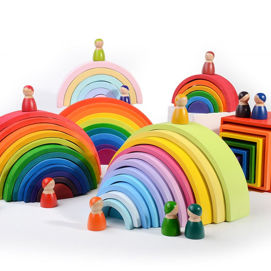 12Pcs Toddler Playset Montessori and Waldorf Inspired Rainbow Wooden Toys Colorful Rainbow Blocks Rainbow Stacker Toy for Infant