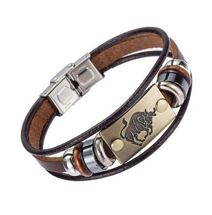 Drop Shipping Hot Fashion 12 Zodiac Signs Bracelet for Men Women Stainless Steel Clasps Genuine Leather Bracelet Men Jewelry