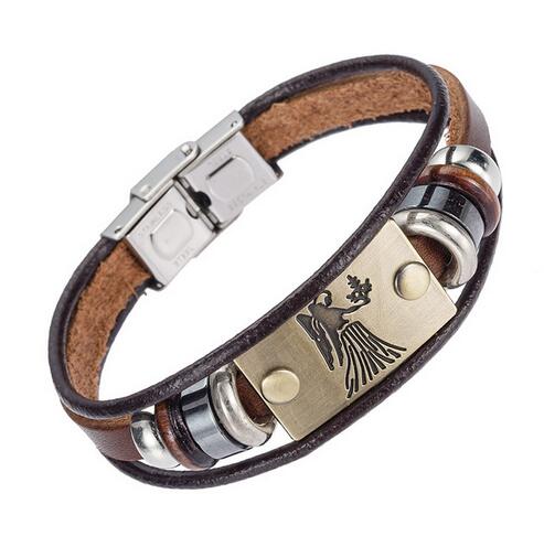 Drop Shipping Hot Fashion 12 Zodiac Signs Bracelet for Men Women Stainless Steel Clasps Genuine Leather Bracelet Men Jewelry