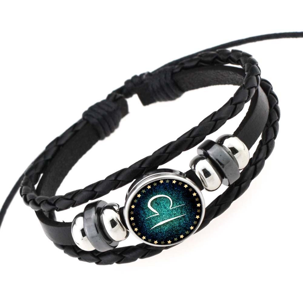 NEW Fashion 12 Constellations Leather Zodiac Sign with beads punk Bangle Bracelets For Men Boys Jewelry Travel Accessories Gifts