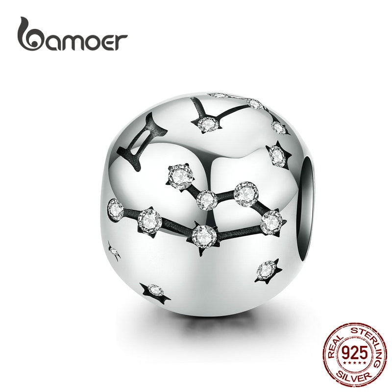 BAMOER Vintage 925 Sterling Silver Twelve Constellations Star Sign Zodiac Beads Charms fit Charm Bracelet Neckalce DIY