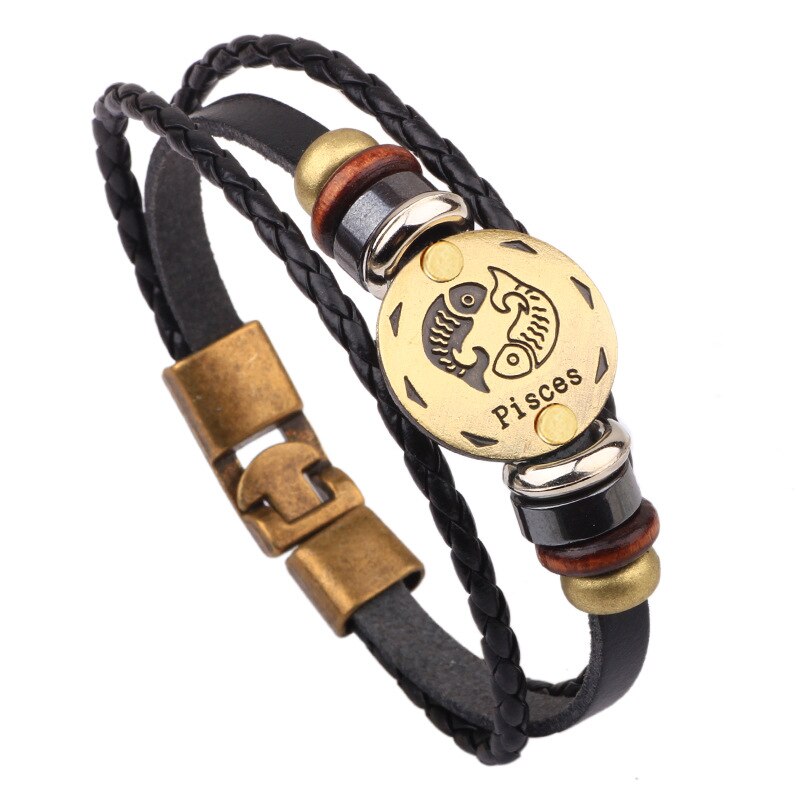MNWT Fashionable Bronze Alloy Buckles Zodiac Signs Bracelet Men Casual Personality Lover Charm Jewelry Leather Punk Bracelets
