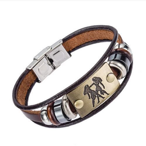 Drop Shipping Hot Fashion 12 Zodiac Signs Bracelet for Men Women Stainless Steel Clasps Genuine Leather Bracelet Men Jewelry