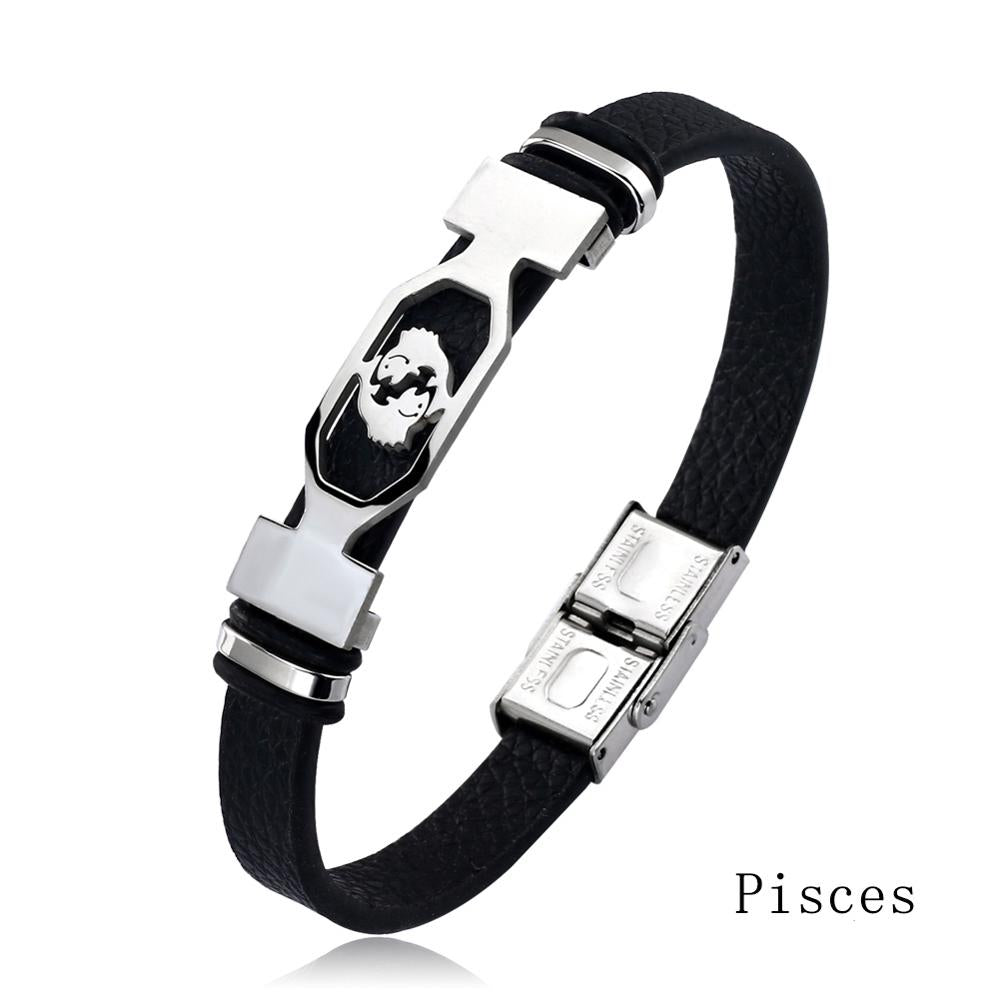 12 Constellation Stainless Steel Cuff Bracelet Men Women Zodiac Sign Black Leather Wrap Bracelet Jewelry Pulseras Hombre