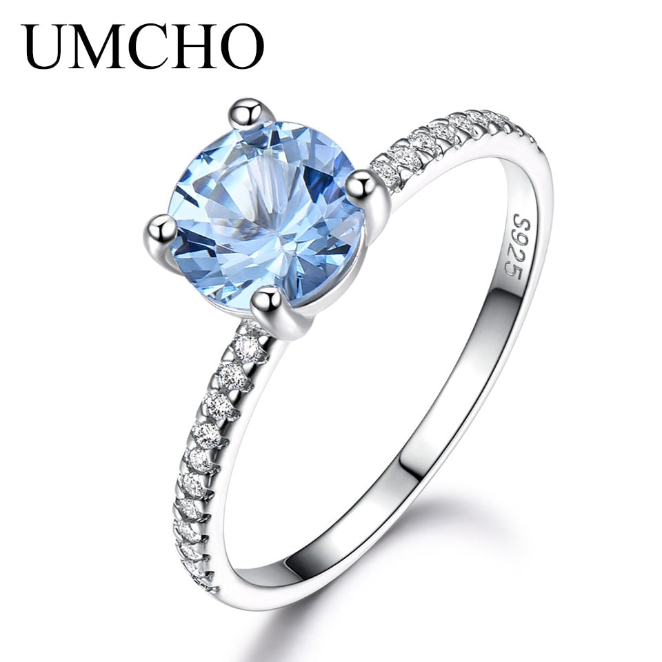 UMCHO  Created Sky Blue Topaz Gemstone 925 Sterling Silver Rings for Women Wedding Bands Engagement Gift Fine Jewelry Party Gift