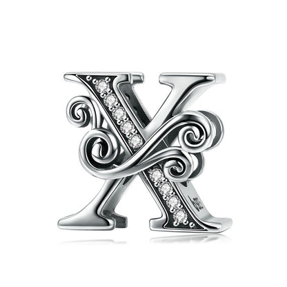 BAMOER 925 Sterling Silver Letter Vintage A to Z 26 Letter Charms Openwork CZ Alphabet Beads Fit Charm Bracelet BSC030