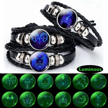 Luminous 12 Zodiac Signs Bracelet Men Women Punk Leather Bracelet Constellation Bracelet Zodiac Jewelry for Birthday Day Gift