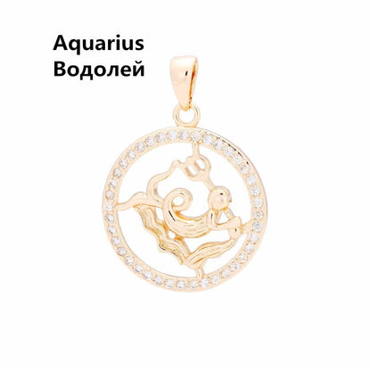 585 Rose Gold Color Women Men Round Cubic Zircon 12 Zodiac Pendants Constellation Jewelry