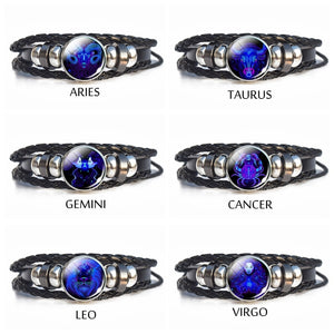 Luminous 12 Zodiac Signs Bracelet Men Women Punk Leather Bracelet Constellation Bracelet Zodiac Jewelry for Birthday Day Gift