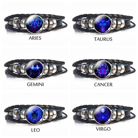 Luminous 12 Zodiac Signs Bracelet Men Women Punk Leather Bracelet Constellation Bracelet Zodiac Jewelry for Birthday Day Gift