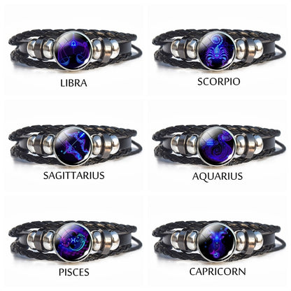 Luminous 12 Zodiac Signs Bracelet Men Women Punk Leather Bracelet Constellation Bracelet Zodiac Jewelry for Birthday Day Gift